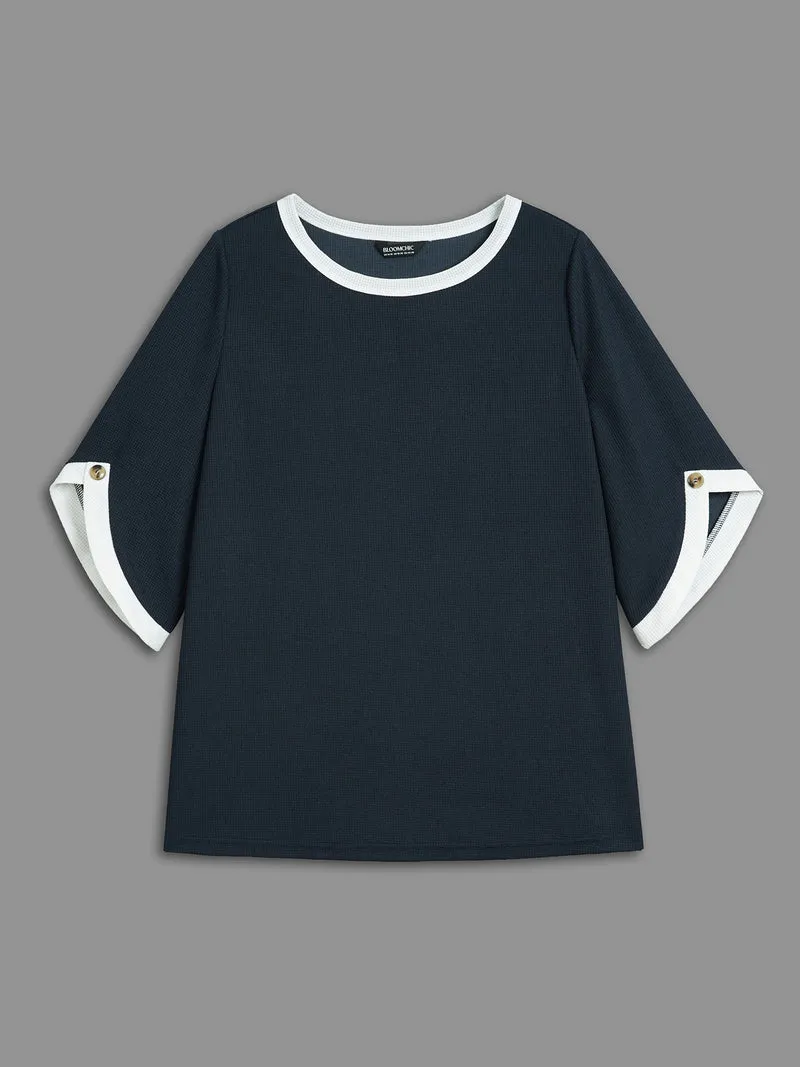 Color Contrast Waffle Knit Bell Sleeve T-Shirt