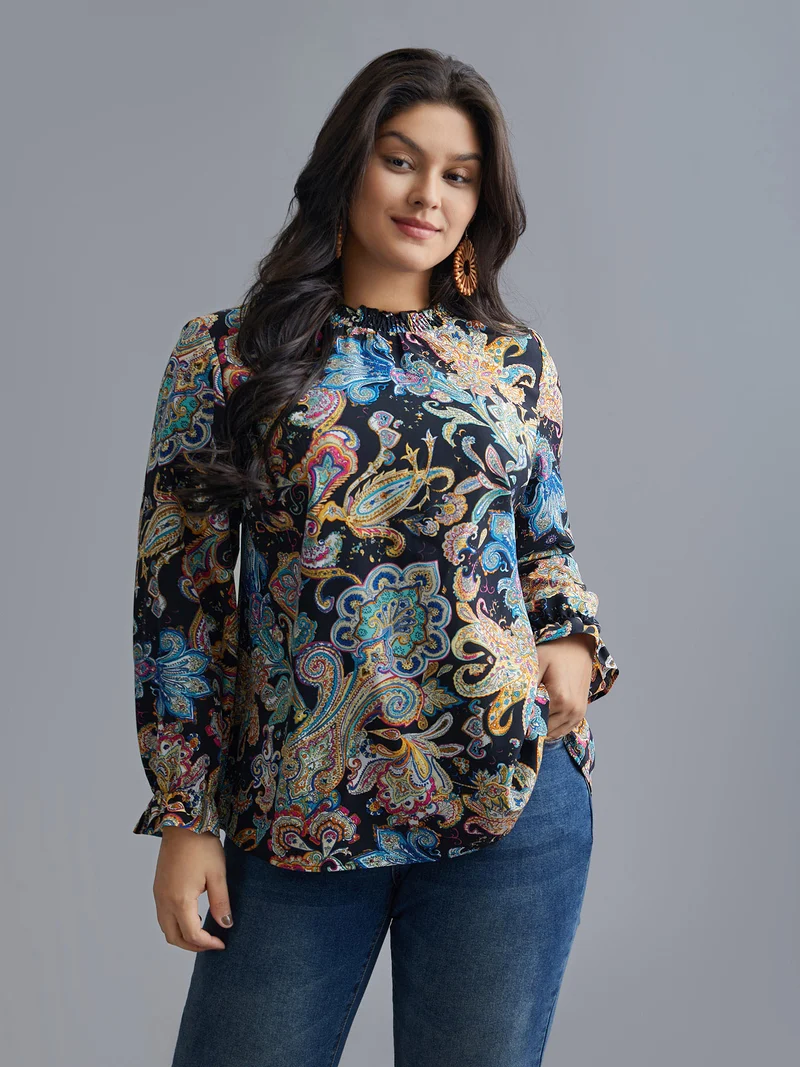 Stand Collar Paisley Shirred Blouse