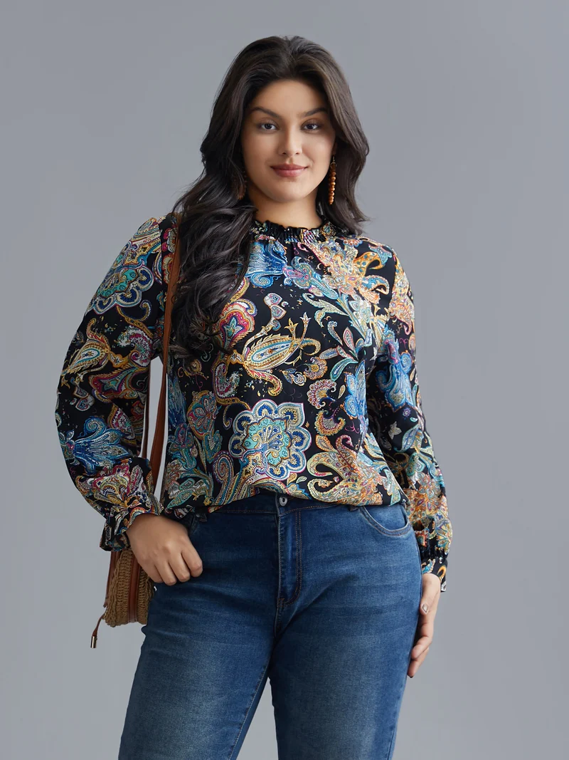 Stand Collar Paisley Shirred Blouse