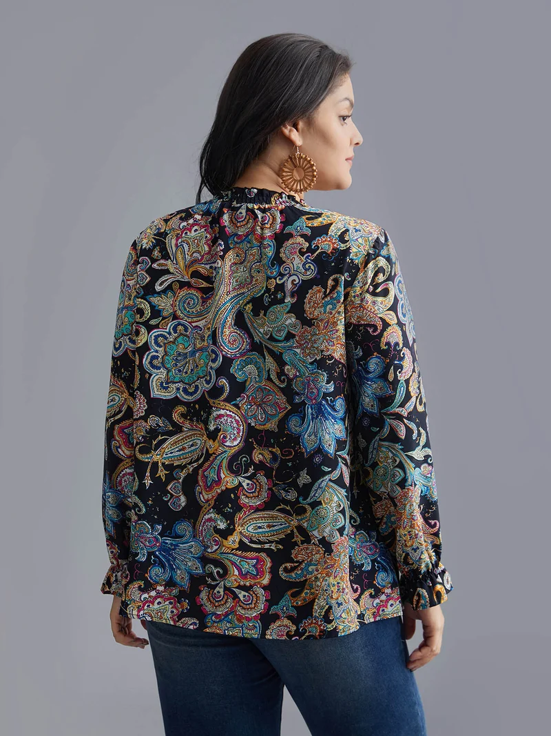 Stand Collar Paisley Shirred Blouse