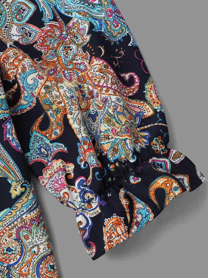 Stand Collar Paisley Shirred Blouse