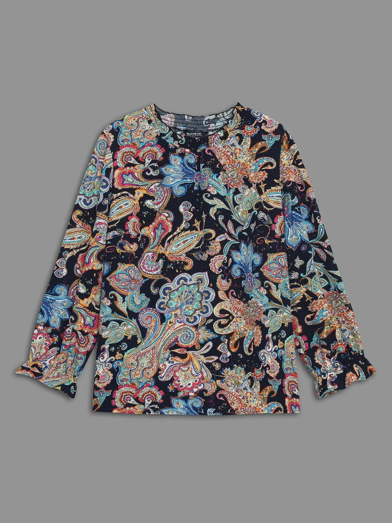 Stand Collar Paisley Shirred Blouse