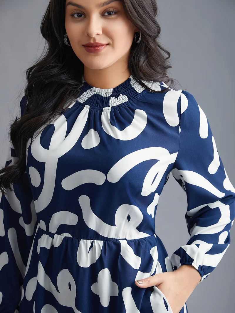 Geometric Print Shirred Pocket Dress