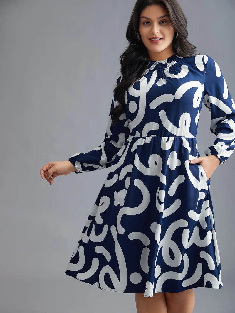 Geometric Print Shirred Pocket Dress