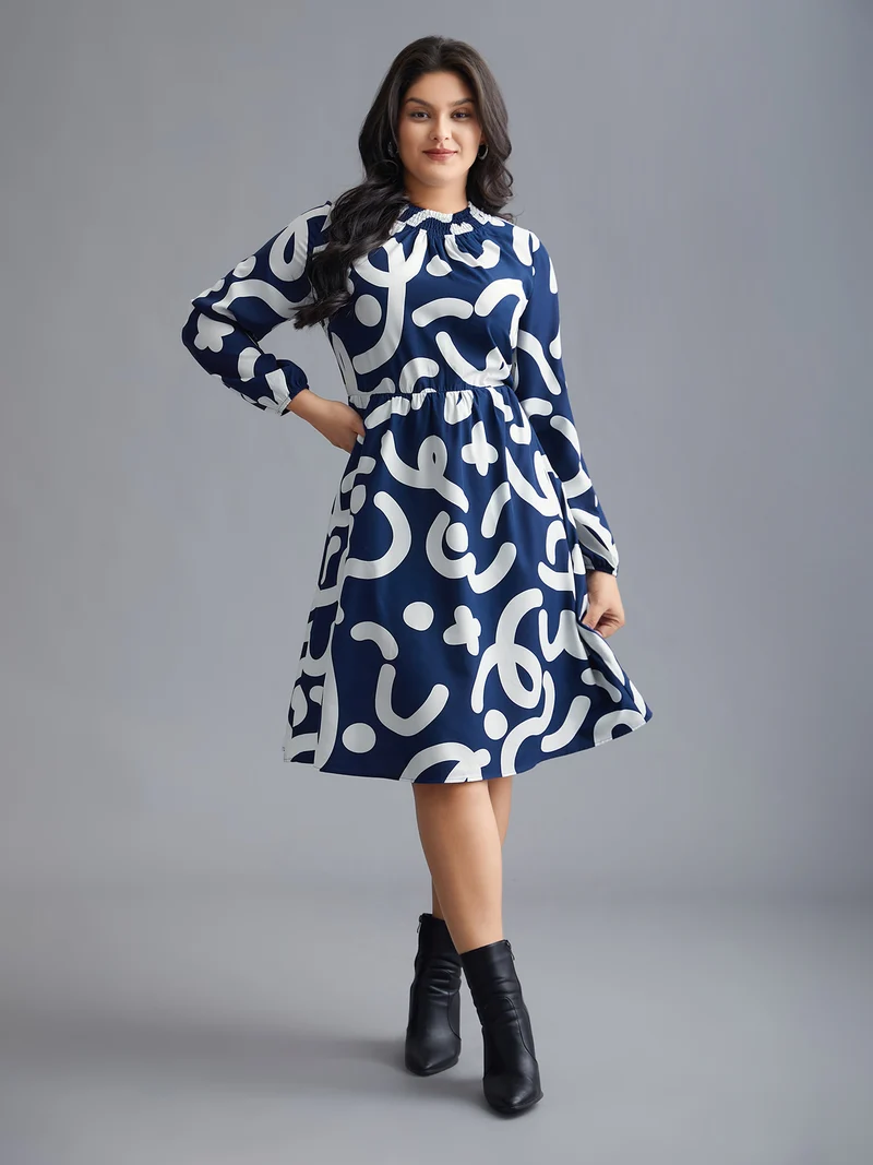 Geometric Print Shirred Pocket Dress