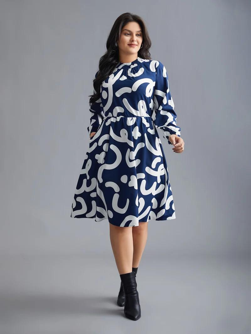 Geometric Print Shirred Pocket Dress