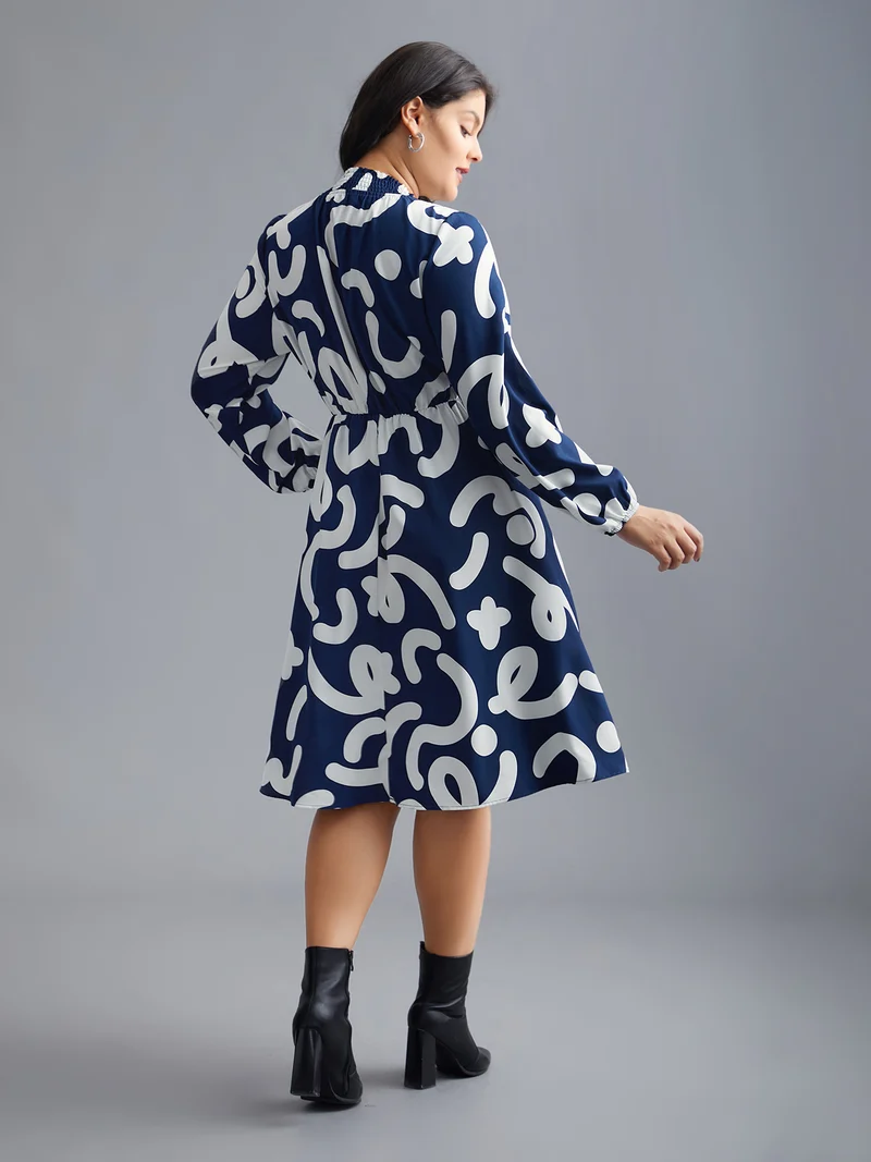 Geometric Print Shirred Pocket Dress