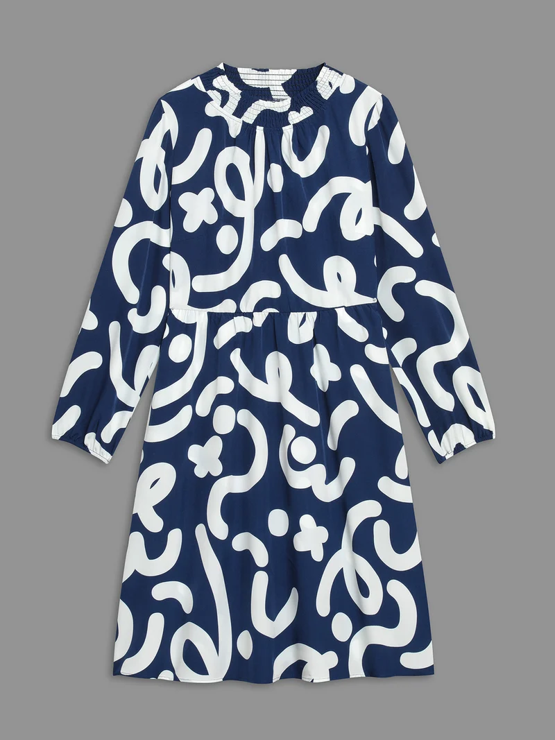 Geometric Print Shirred Pocket Dress