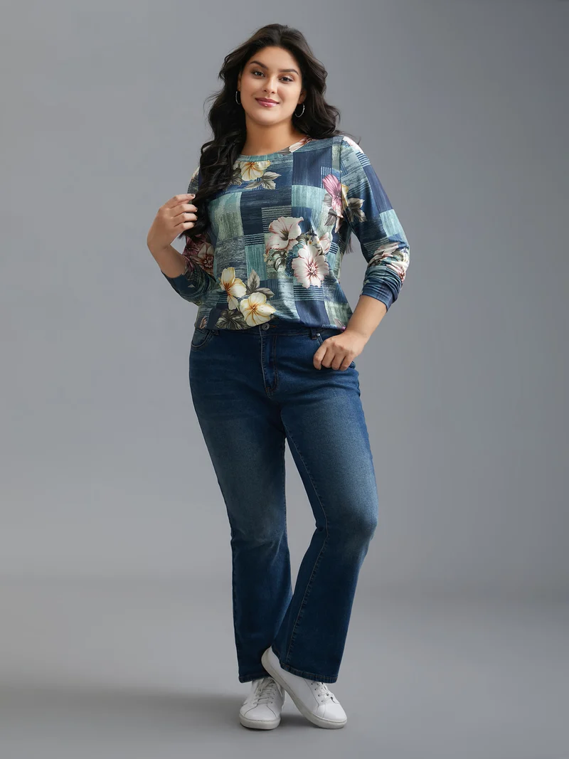 Crew Neck Floral Curved Hem T-Shirt