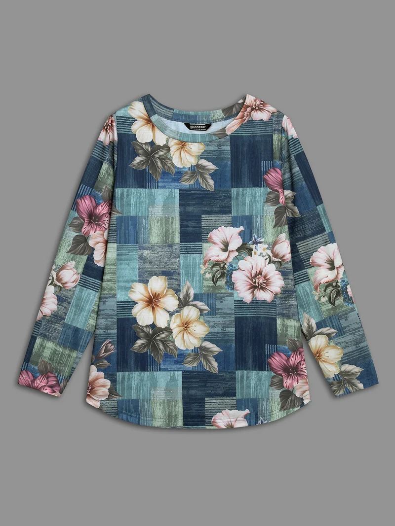 Crew Neck Floral Curved Hem T-Shirt