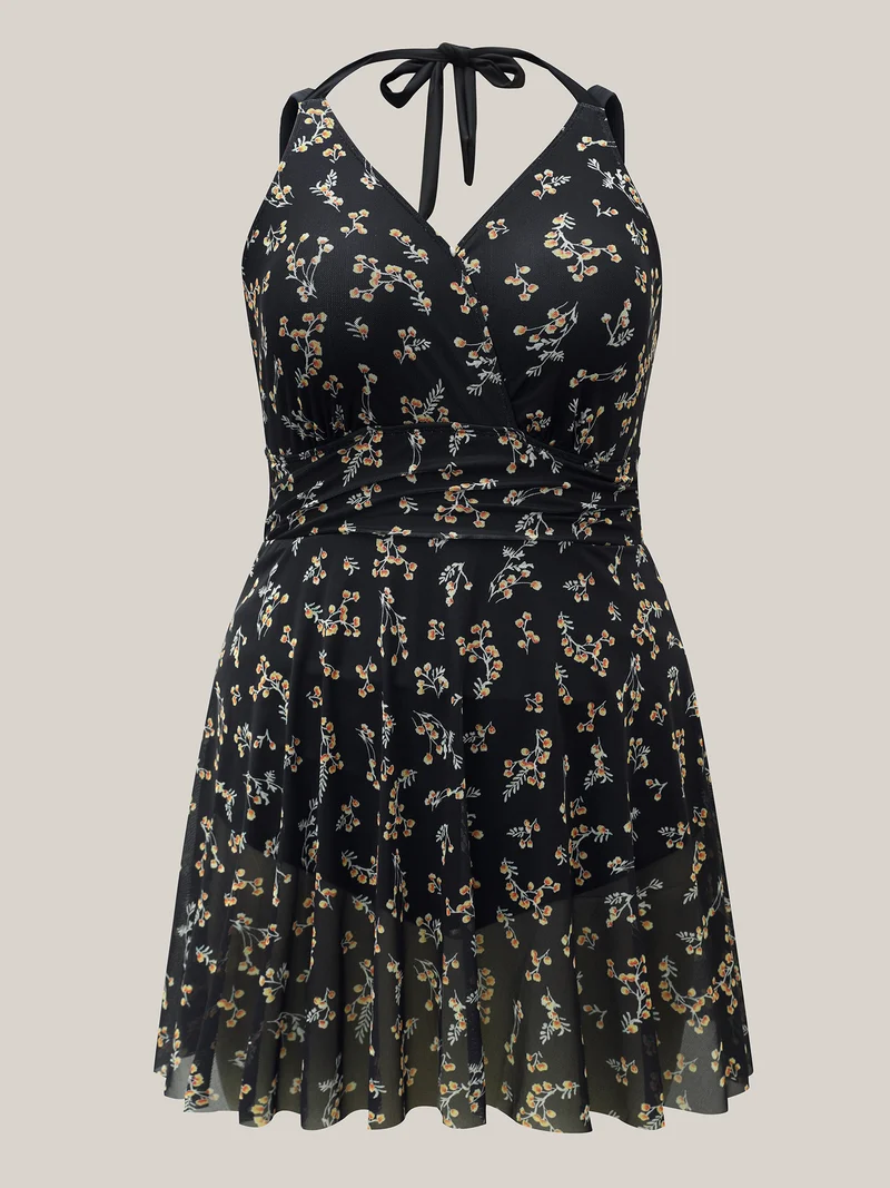 Floral Mesh Sheer Splits Swim Dress