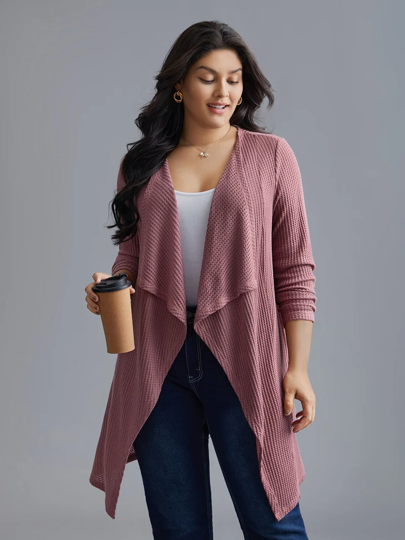 Lapel Collar Waffle Grid Open-Front Jacket