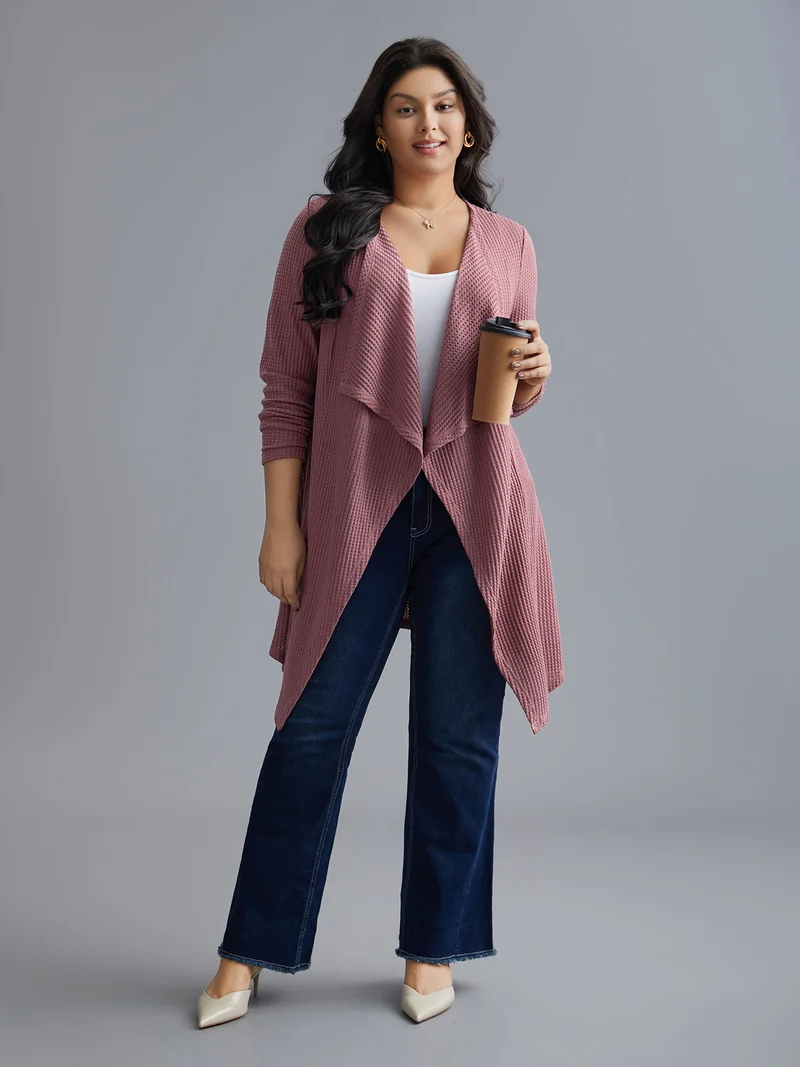 Lapel Collar Waffle Grid Open-Front Jacket