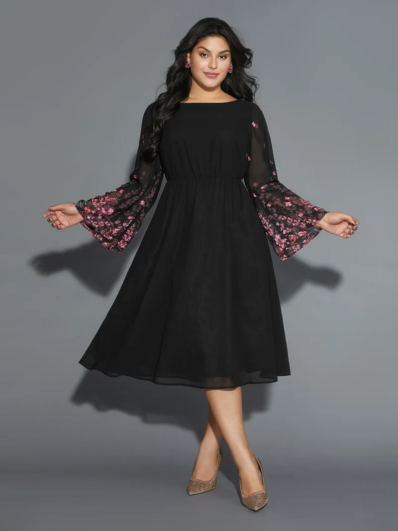 Floral Mesh Bell Sleeve Boat Neck Dress