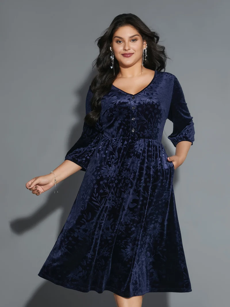 Velvet Button Detail V-Shaped Neck Dress