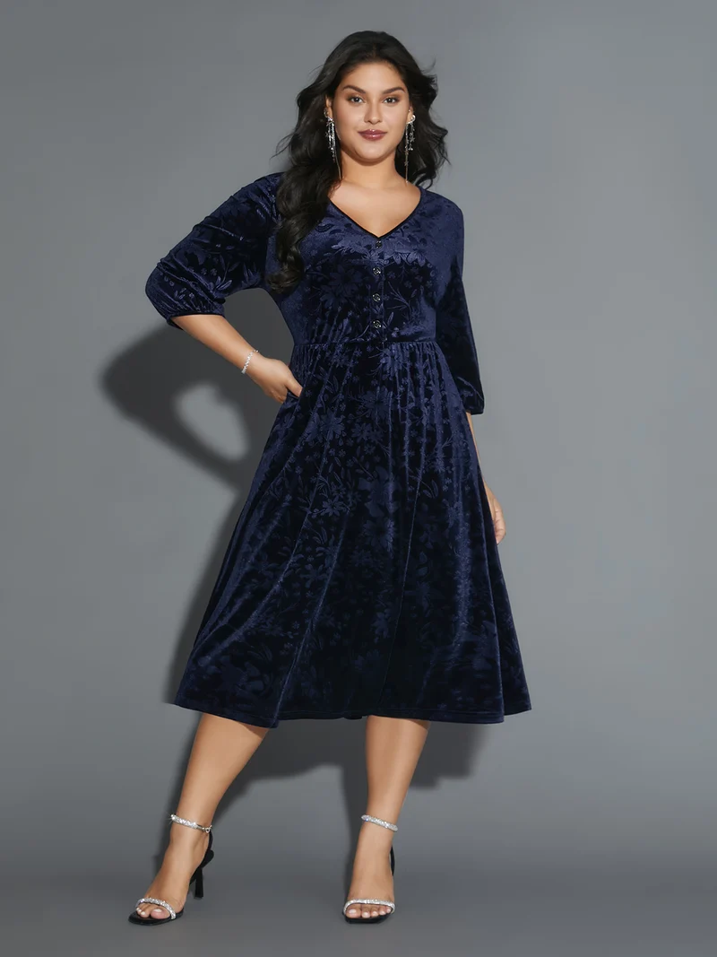 Velvet Button Detail V-Shaped Neck Dress