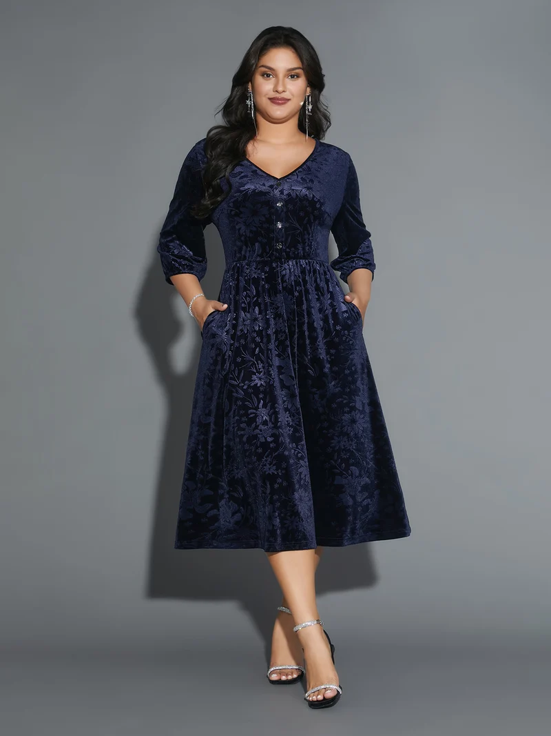 Velvet Button Detail V-Shaped Neck Dress