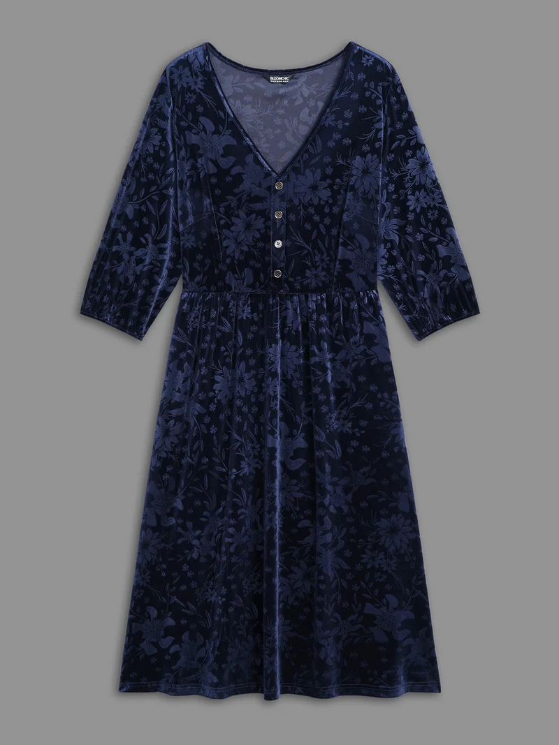 Velvet Button Detail V-Shaped Neck Dress