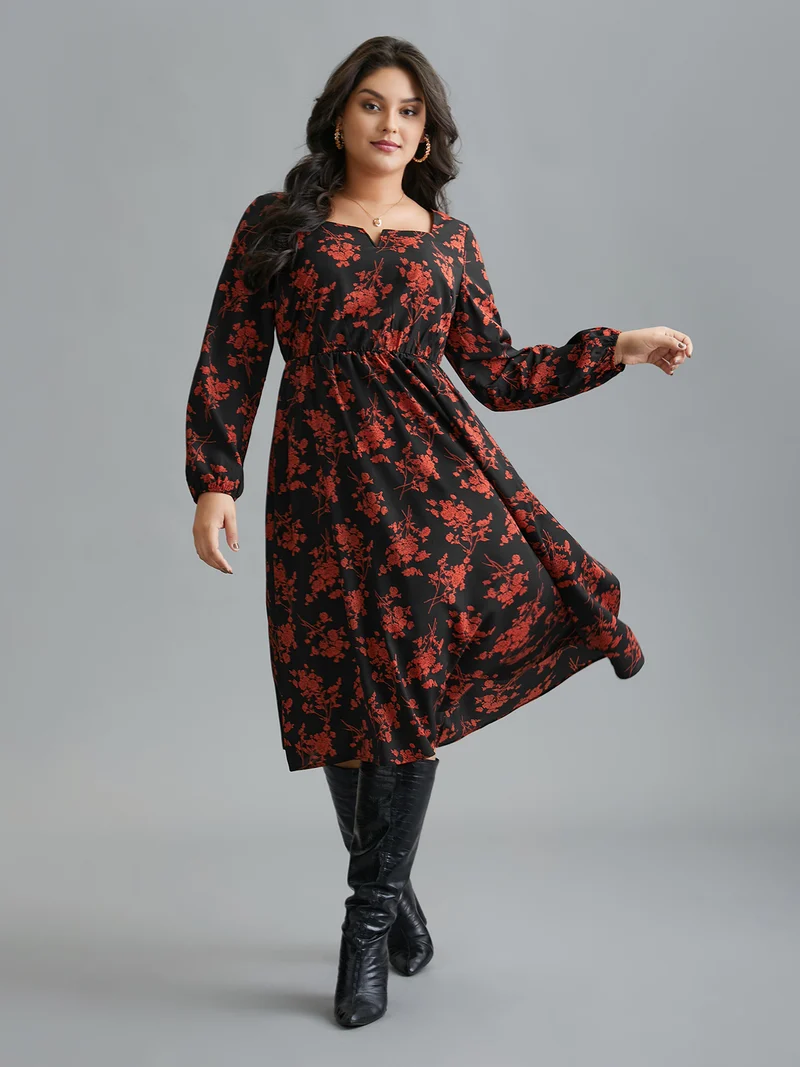 Silhouette Floral Print Notched Dress