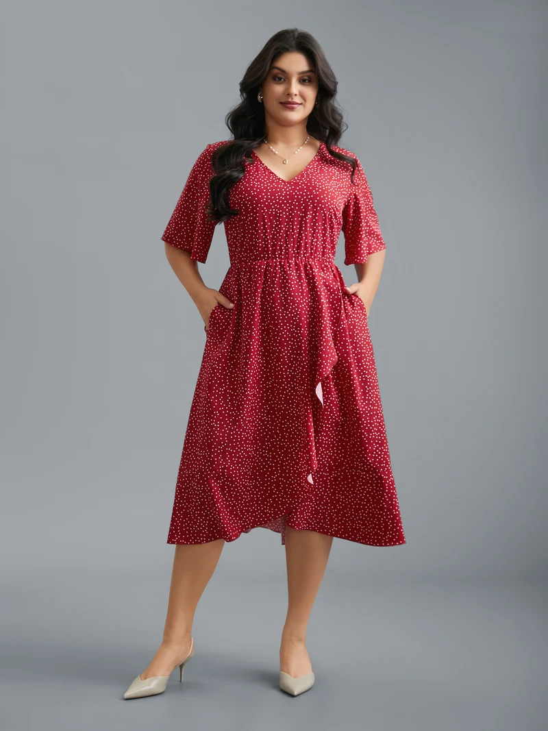 V Neck Polka Dot Ruffle Trim Dress