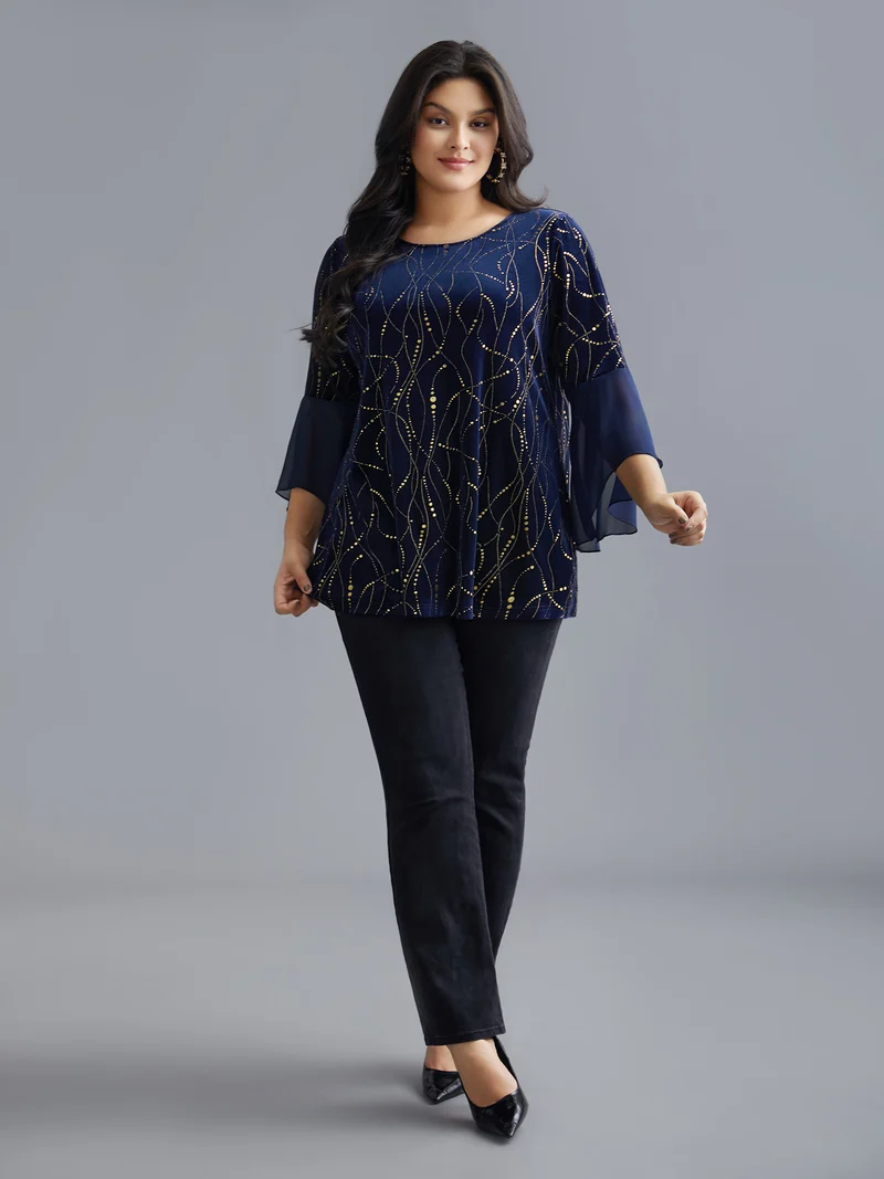 Velvet Glitter Mesh Bell Sleeve Patchwork Blouse