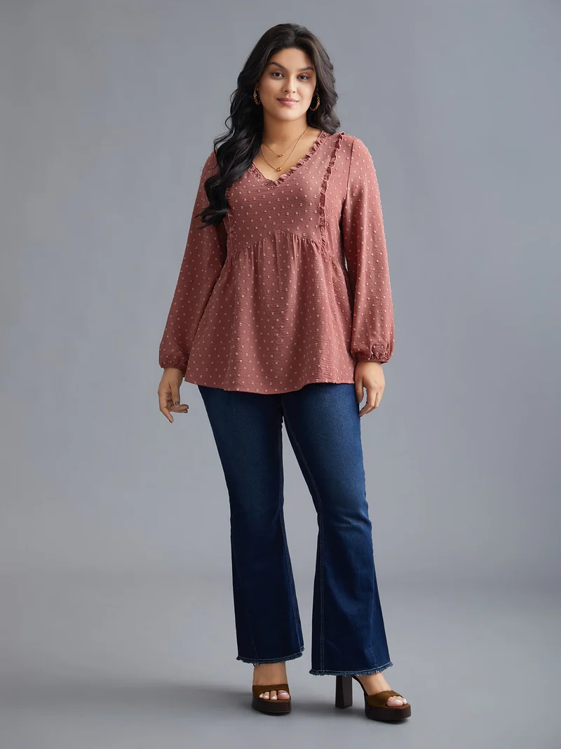 V Neck Ruffle Trim Elastic Cuffs Blouse