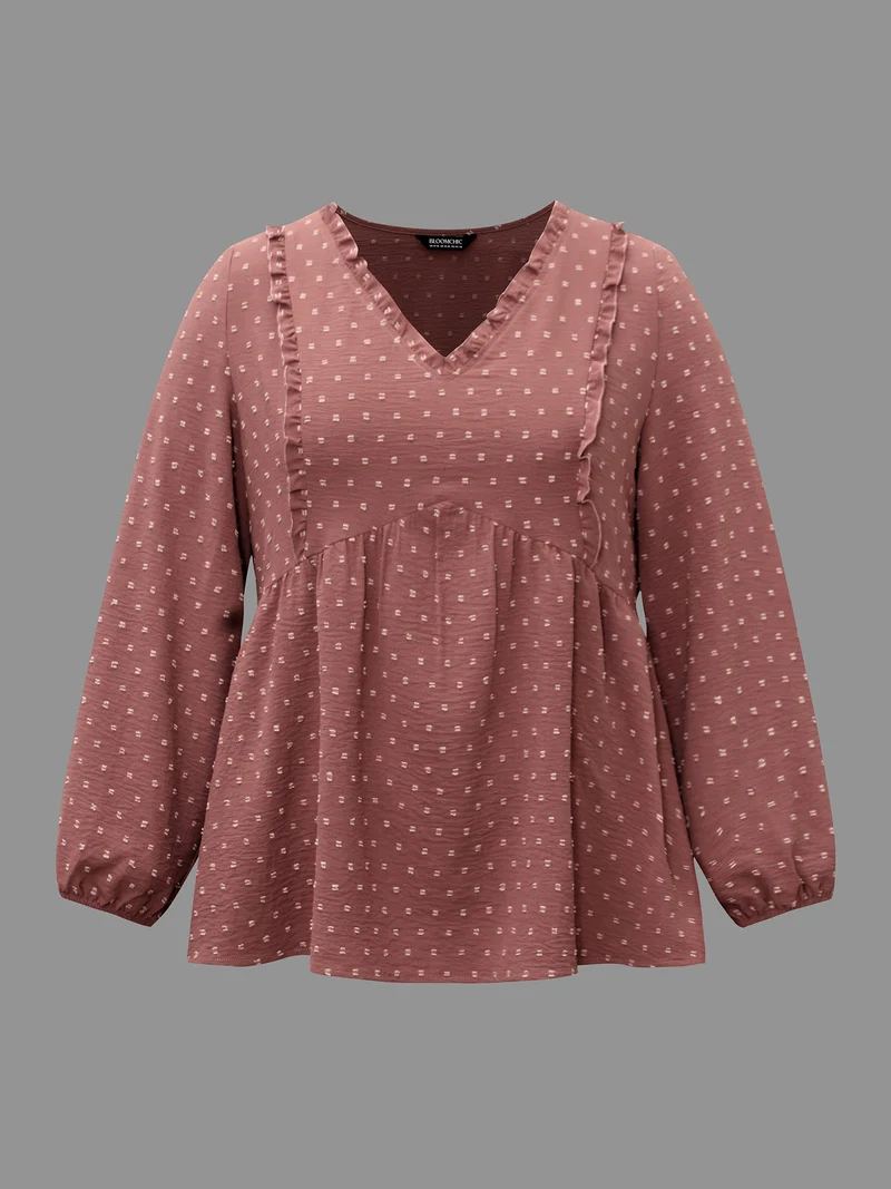 V Neck Ruffle Trim Elastic Cuffs Blouse