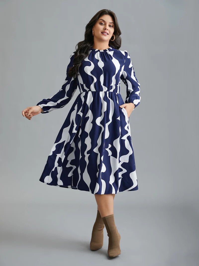 Round Neck Color Contrast Frill Trim Dress