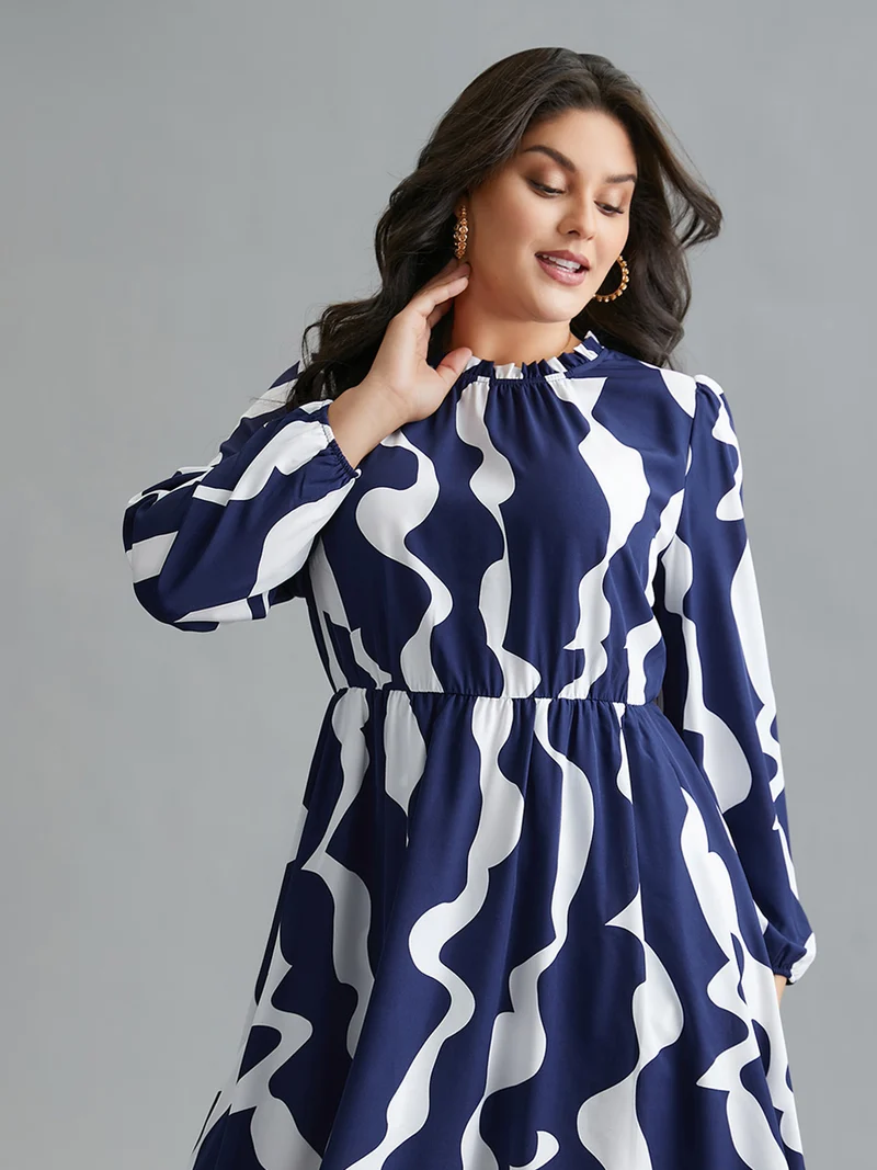 Round Neck Color Contrast Frill Trim Dress
