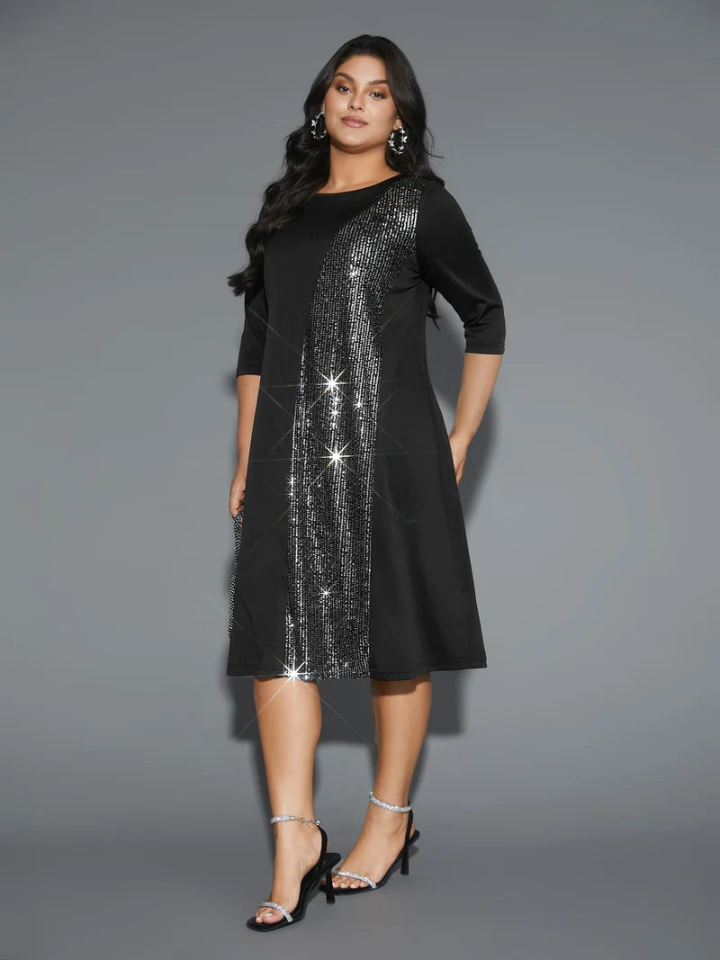 Round Neck Sequin Patchwork Midi Dress