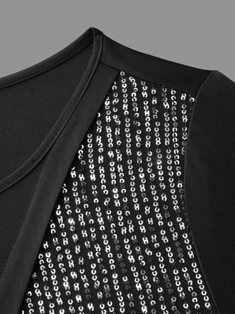 Round Neck Sequin Patchwork Midi Dress