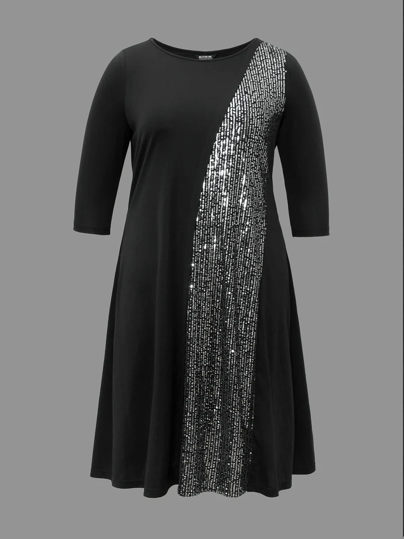 Round Neck Sequin Patchwork Midi Dress