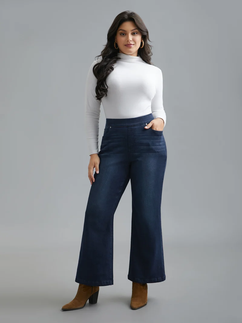 Elastic Waist Pocket Bootcut Jeans