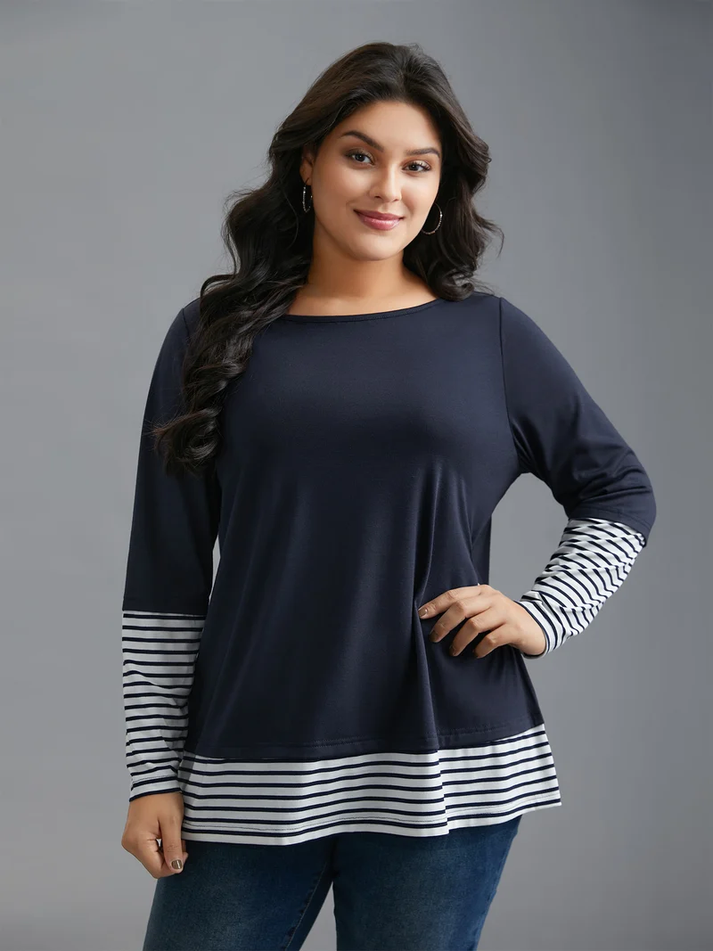Boat Neck Striped Patchwork T-Shirt