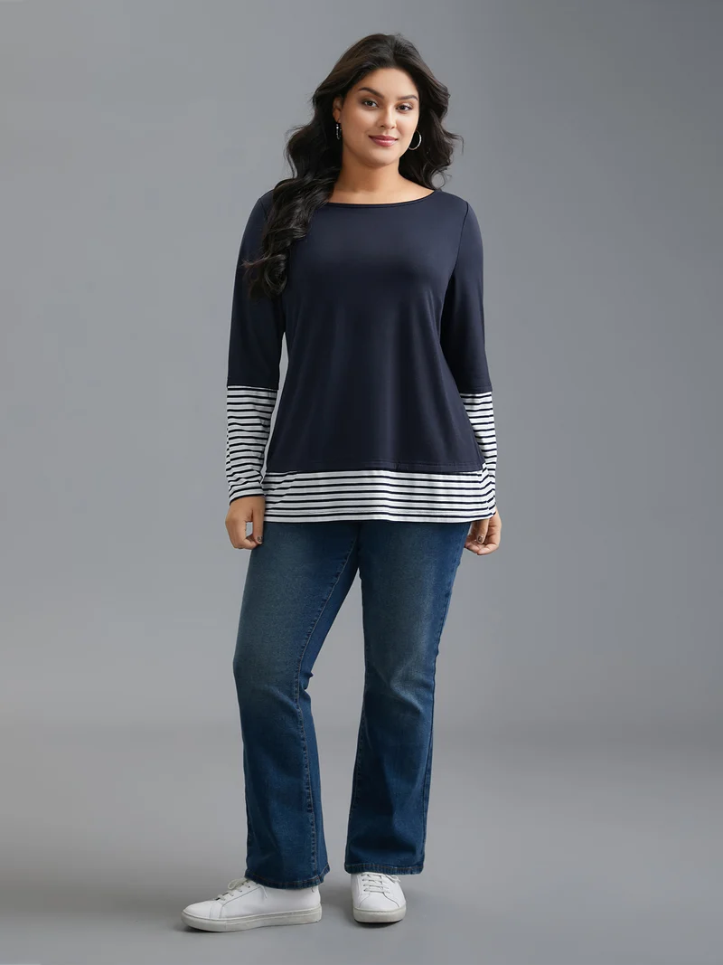 Boat Neck Striped Patchwork T-Shirt