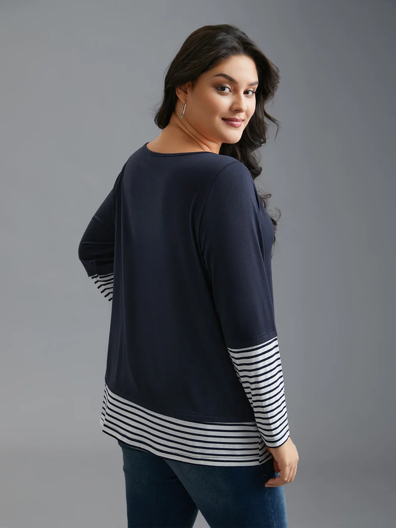 Boat Neck Striped Patchwork T-Shirt