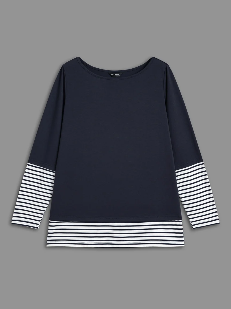 Boat Neck Striped Patchwork T-Shirt