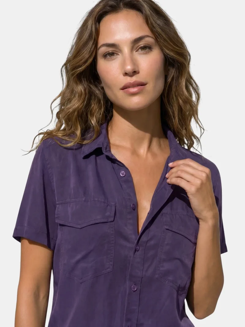 Women's Structured Cotton Blend Blouse | Tailored Short Sleeve Top