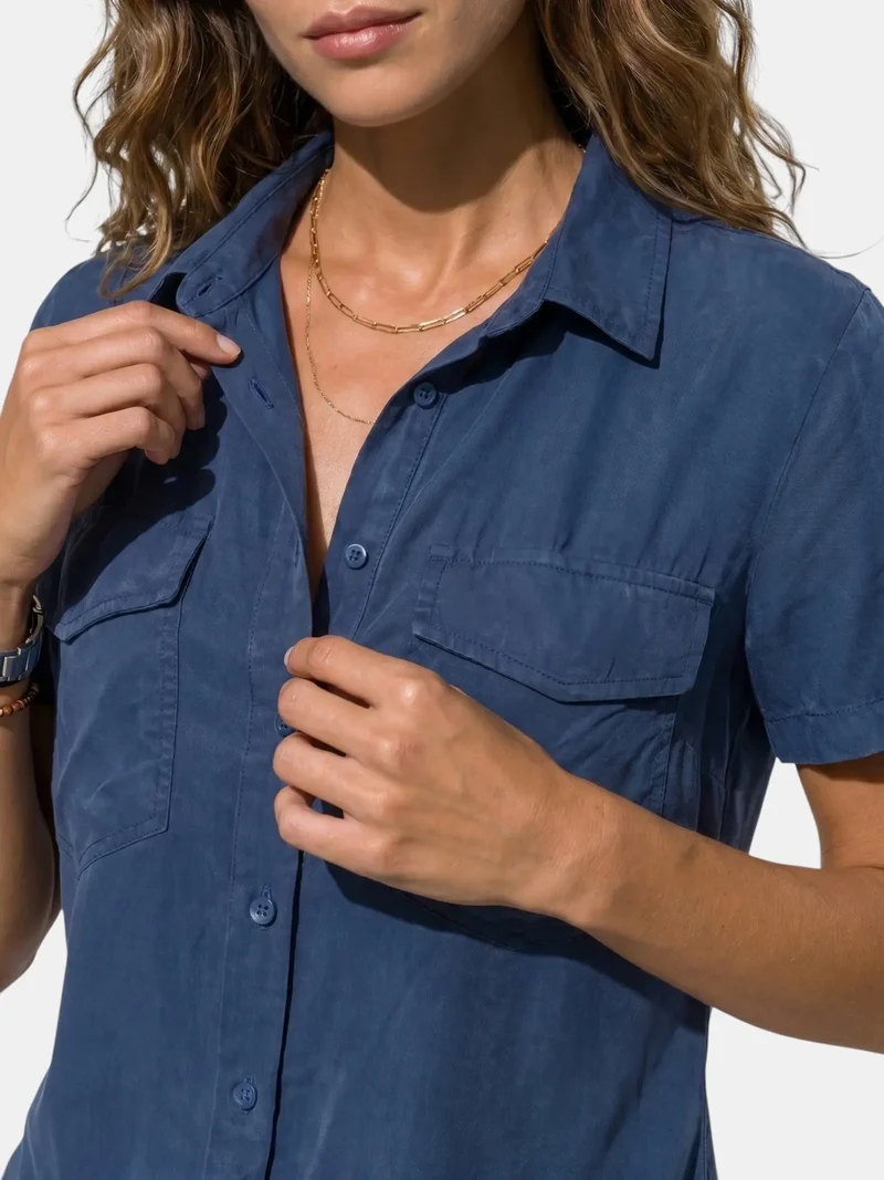 Women's Structured Cotton Blend Blouse | Tailored Short Sleeve Top