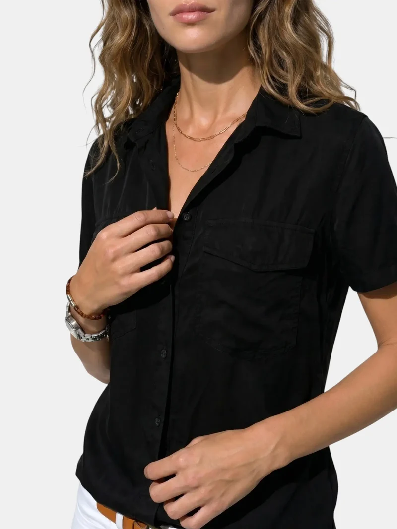 Women's Structured Cotton Blend Blouse | Tailored Short Sleeve Top