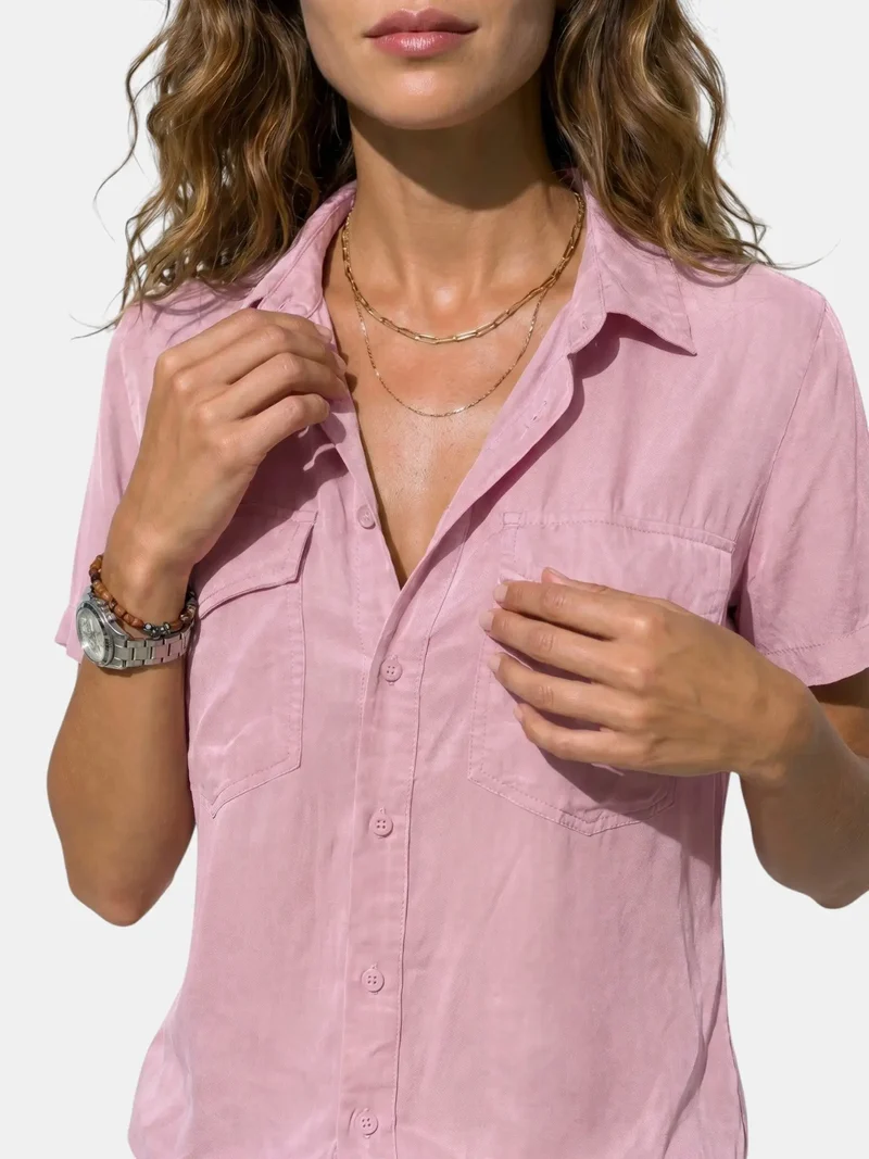 Women's Structured Cotton Blend Blouse | Tailored Short Sleeve Top