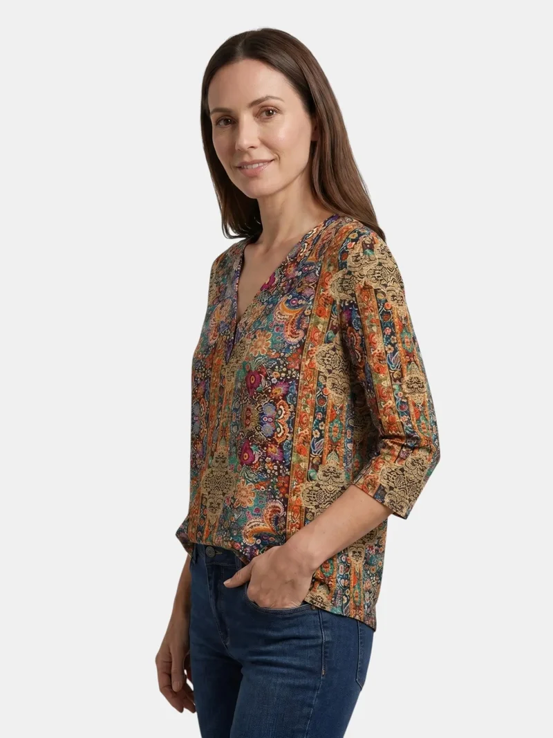 Women's Flowy Viscose Blouse | Bohemian V-Neck Summer Top with 3/4 Sleeves