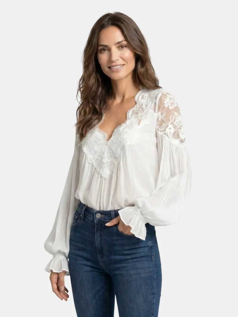 Women's Floral Lace Blouse | Elegant Long Sleeve Summer Top with Flowing Lantern Sleeves