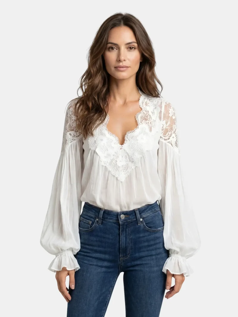 Women's Floral Lace Blouse | Elegant Long Sleeve Summer Top with Flowing Lantern Sleeves
