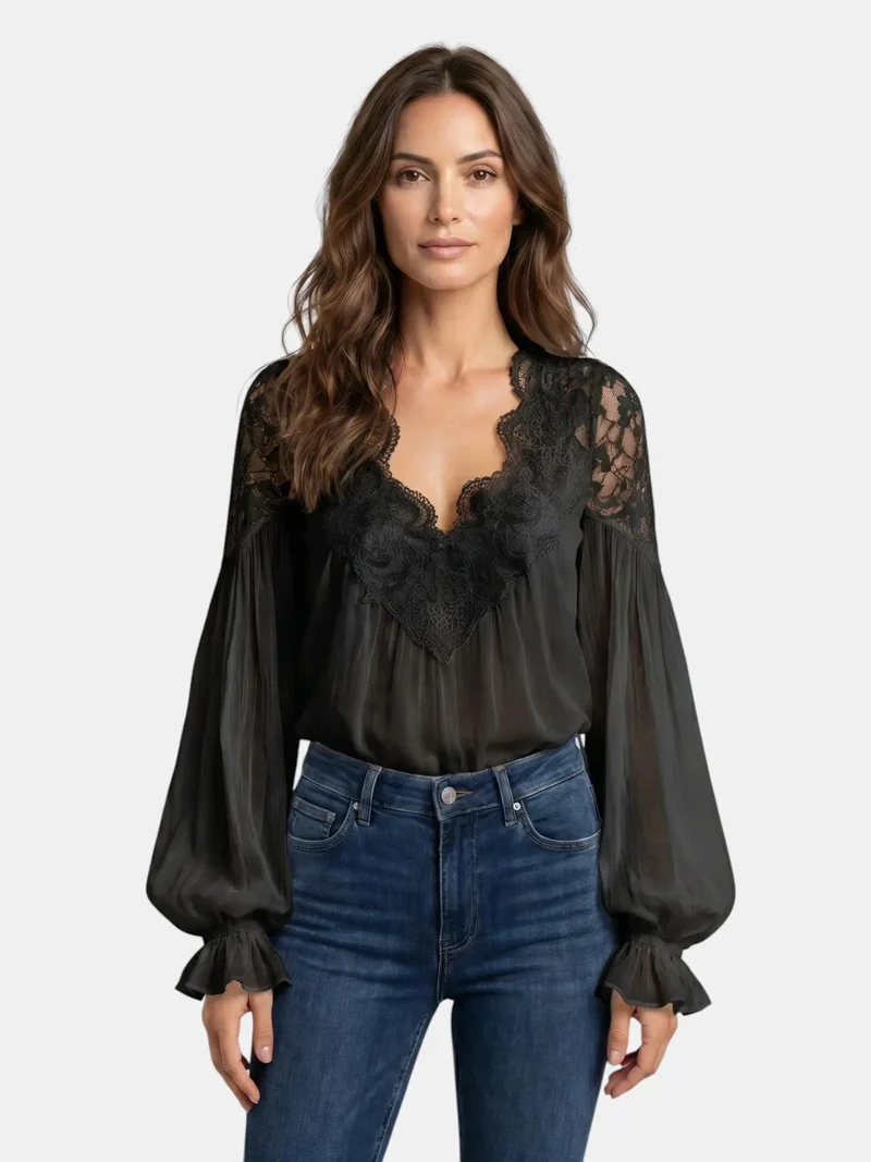 Women's Floral Lace Blouse | Elegant Long Sleeve Summer Top with Flowing Lantern Sleeves