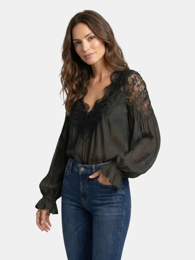Women's Floral Lace Blouse | Elegant Long Sleeve Summer Top with Flowing Lantern Sleeves