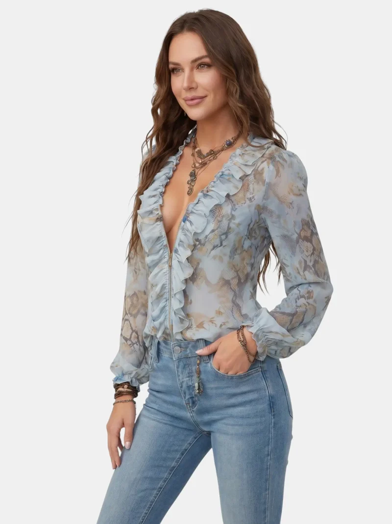 Women's Lightweight Chiffon Blouse | Ruffled Neckline Summer Top | Elegant Airy Design