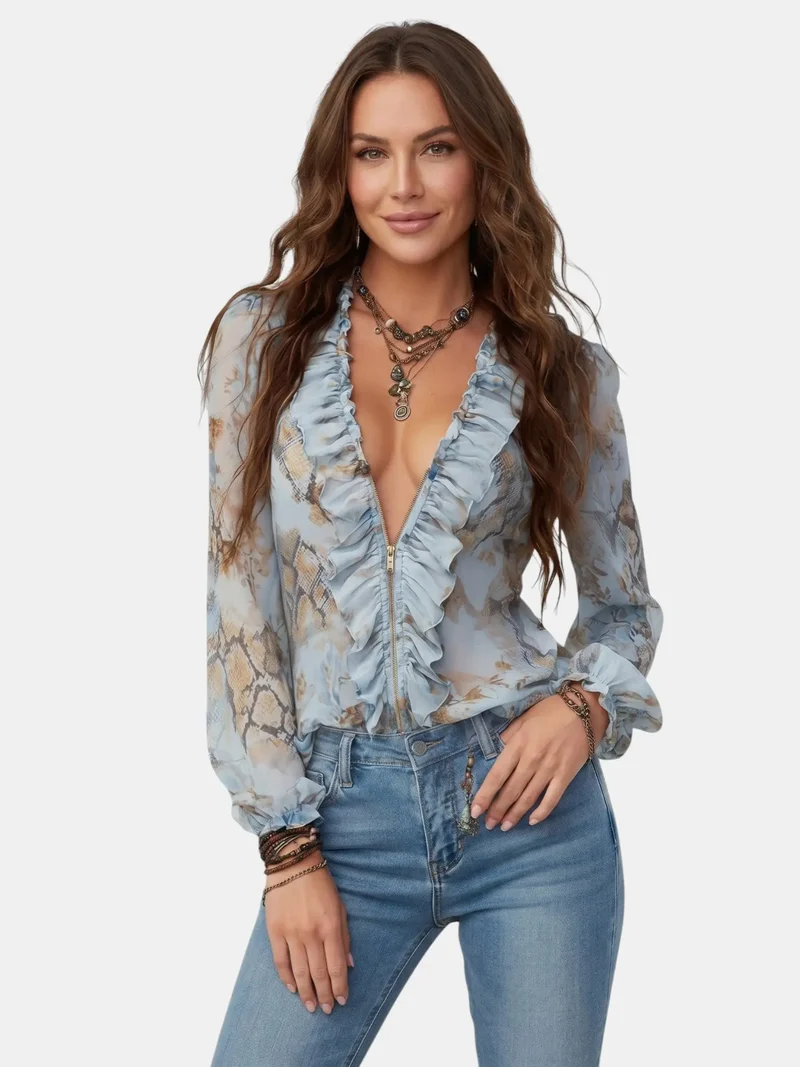Women's Lightweight Chiffon Blouse | Ruffled Neckline Summer Top | Elegant Airy Design