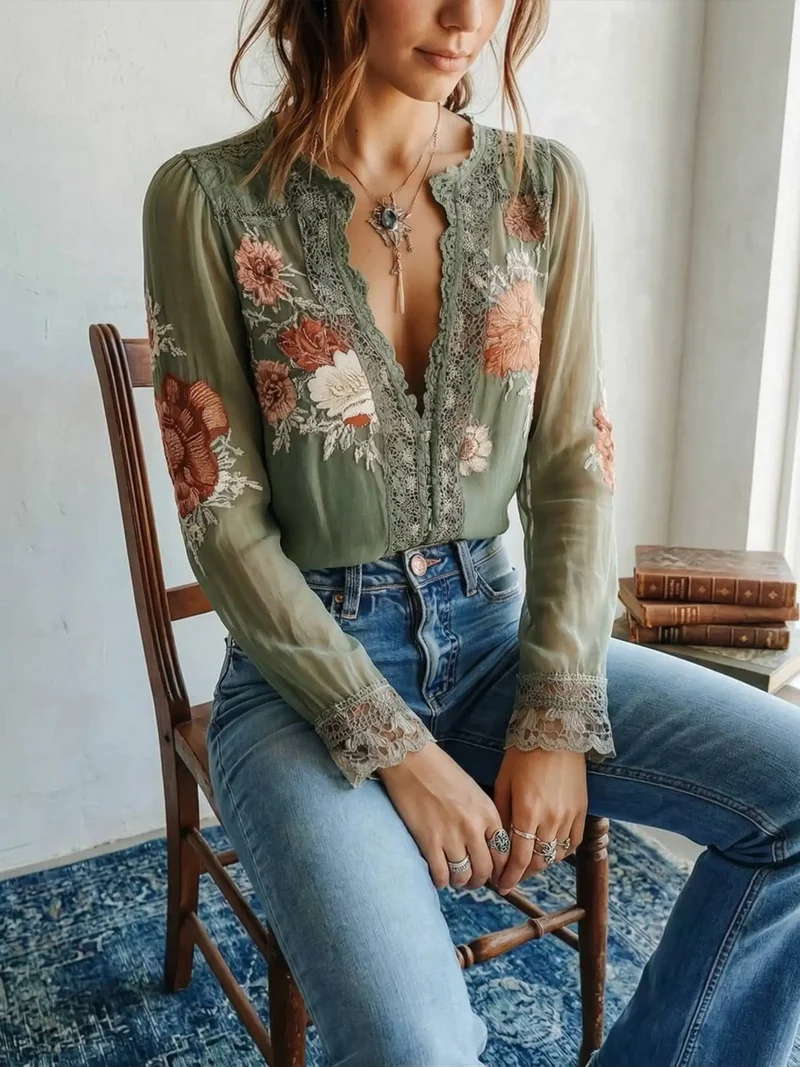 Women's Lightweight Chiffon Blouse | Bohemian Floral Summer Top | Elegant V-Neck Long Sleeve