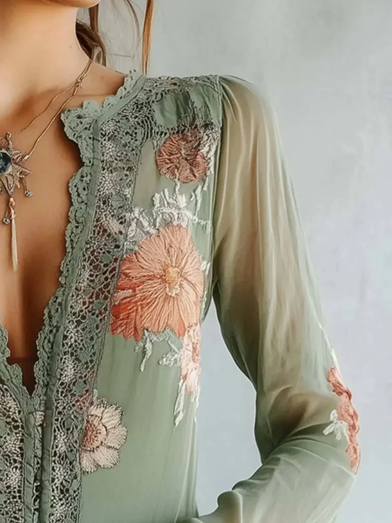 Women's Lightweight Chiffon Blouse | Bohemian Floral Summer Top | Elegant V-Neck Long Sleeve